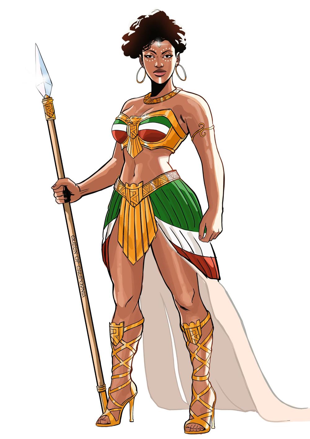 Queen Jameela Califia with her spear, Queen of California