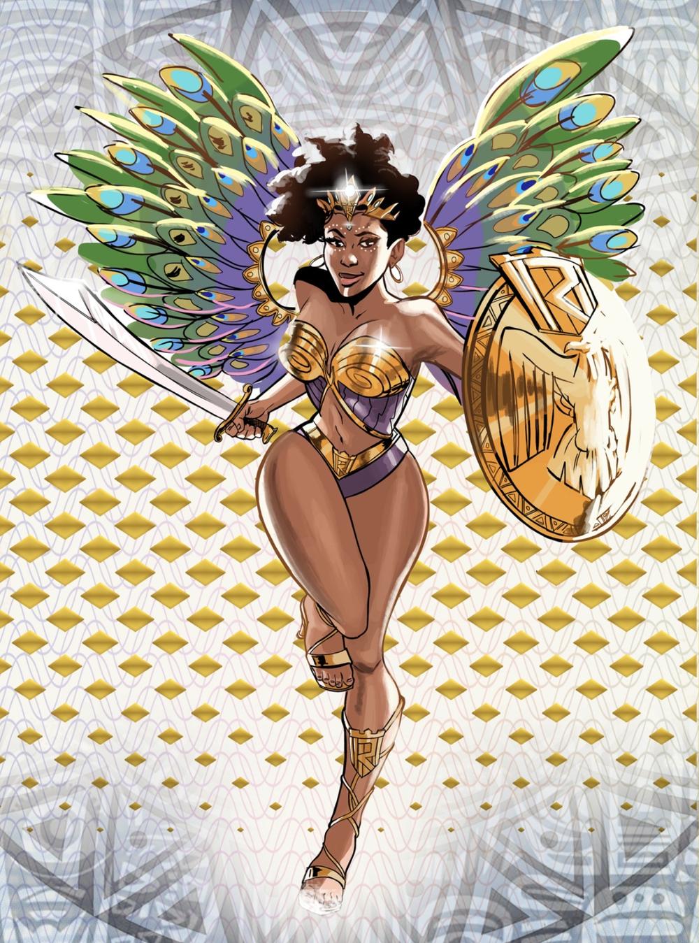 Jameela in her Peacock form, with a golden shield and sword