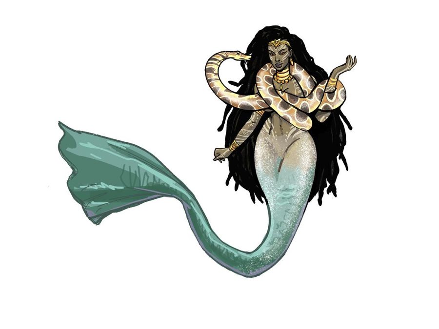 Kabibi in her mermaid form, a python around her shoulders