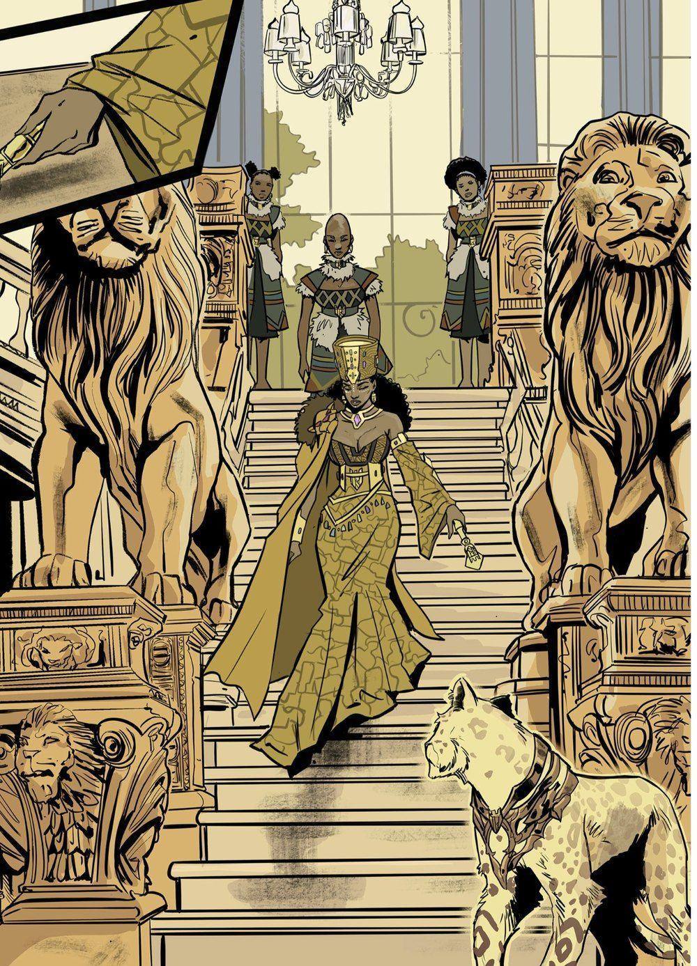 Descending the palace stairs between stone lions, her warriors behind her and a leopard at her side
