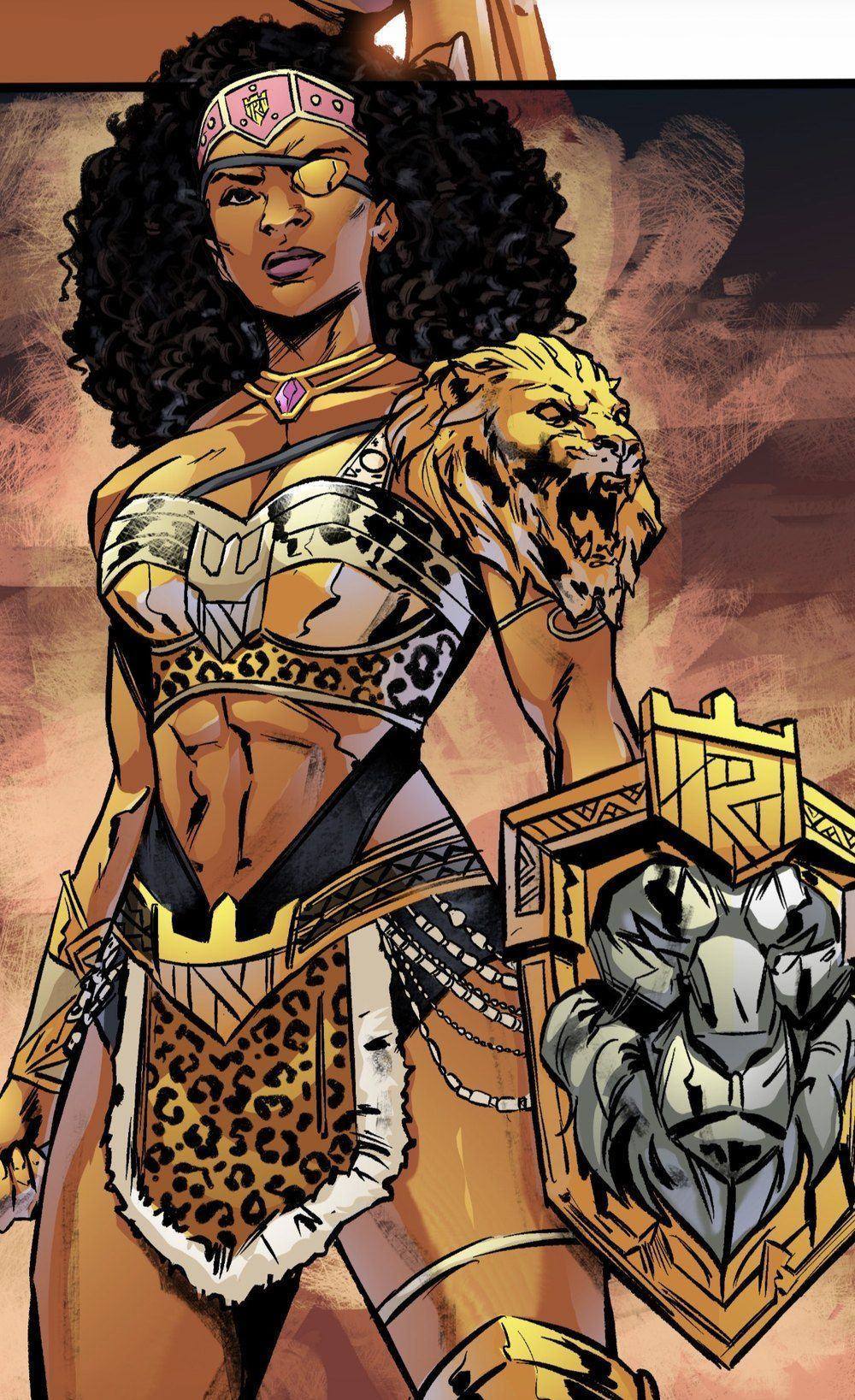 The lioness: a roaring lion on her shoulder, her lost eye covered in gold