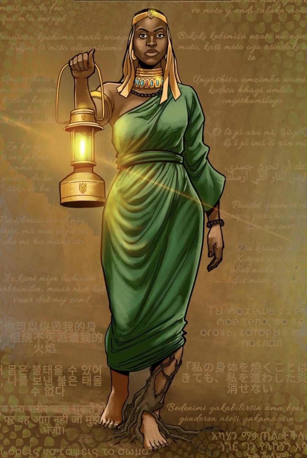 Kimpa Vita, the Flame of the Forgotten Queens, holding a golden lantern