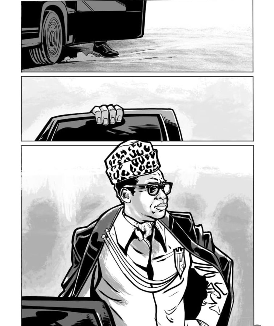 Comic page: Mubutu steps out of his car