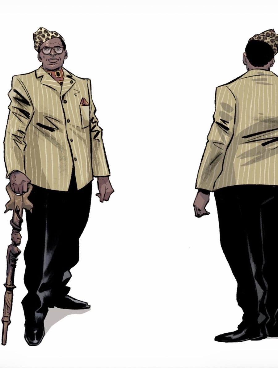 Mubutu, front and back, with his carved cane and leopard toque