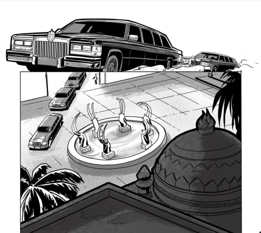 Comic page: the royal motorcade arrives at the palace