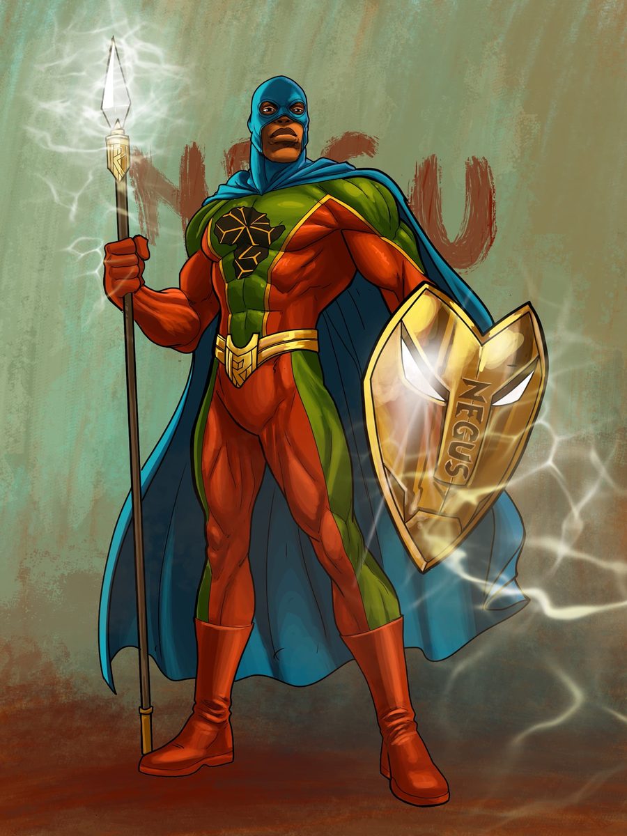 Negus Captain Afrika, the Timewalking Jaguar, with his spear and his Negus shield