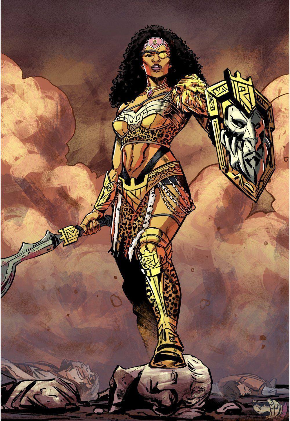 Queen Kandake in battle armor, the sword Ngulu in her hand and the Shield of Apedemak on her arm, standing over the fallen