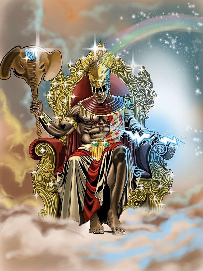 Shango, the orisha of thunder, on a golden throne with an elephant scepter