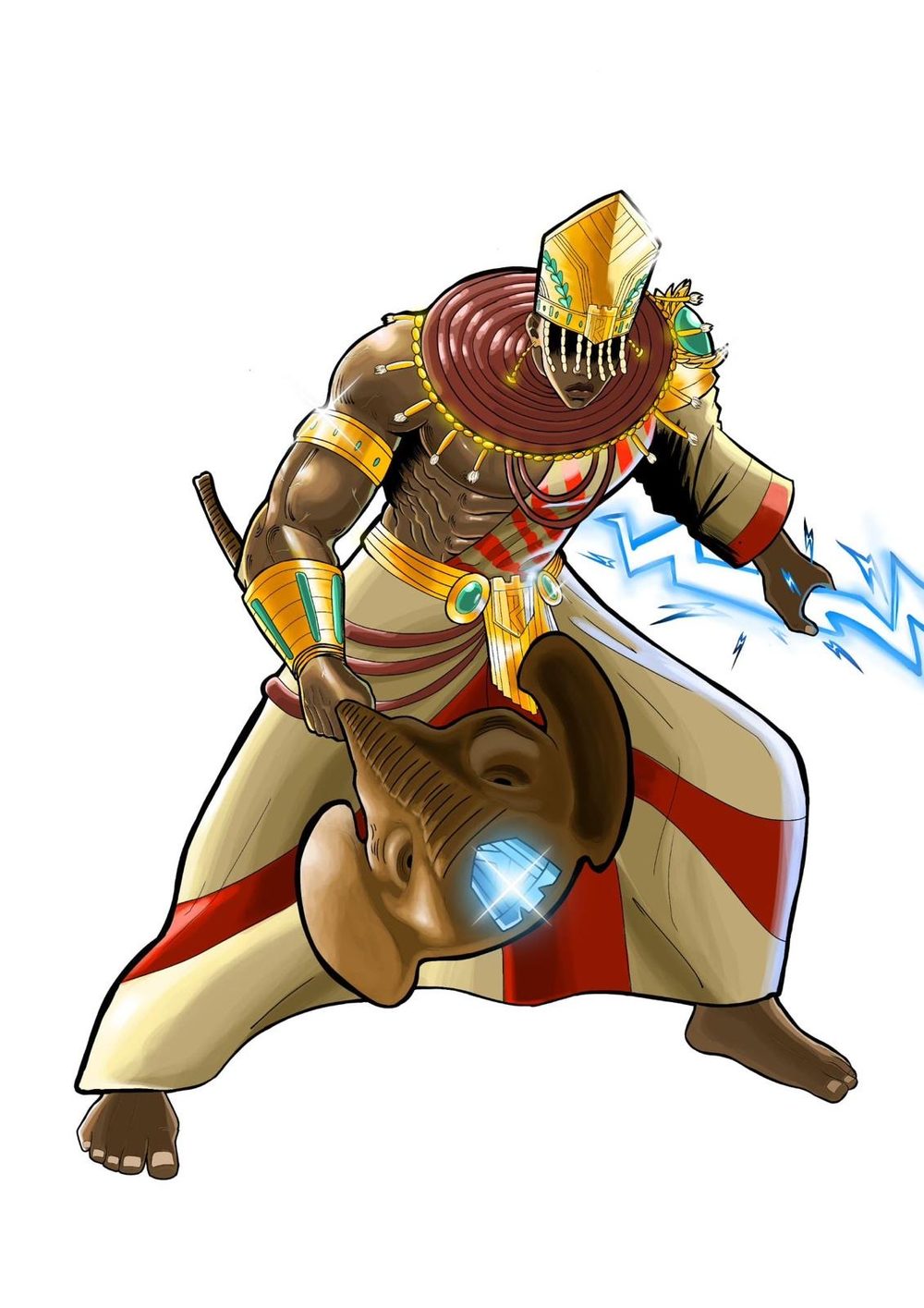 Shango, Orisha of thunder, in battle stance with lightning in his hand