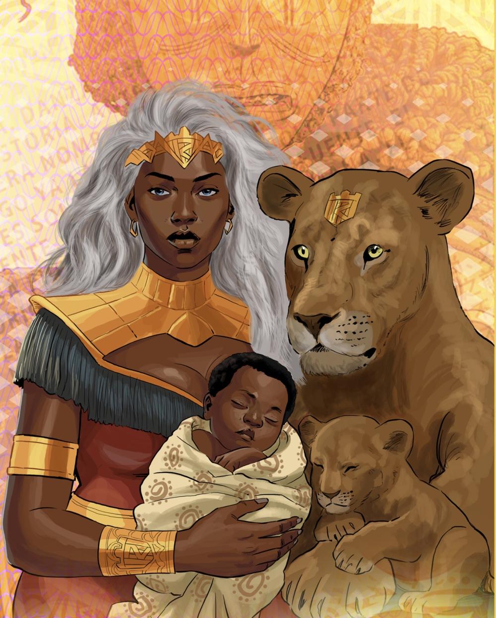 Queen Zaira Mbube in her royal form, holding a newborn beside a lioness and her cub