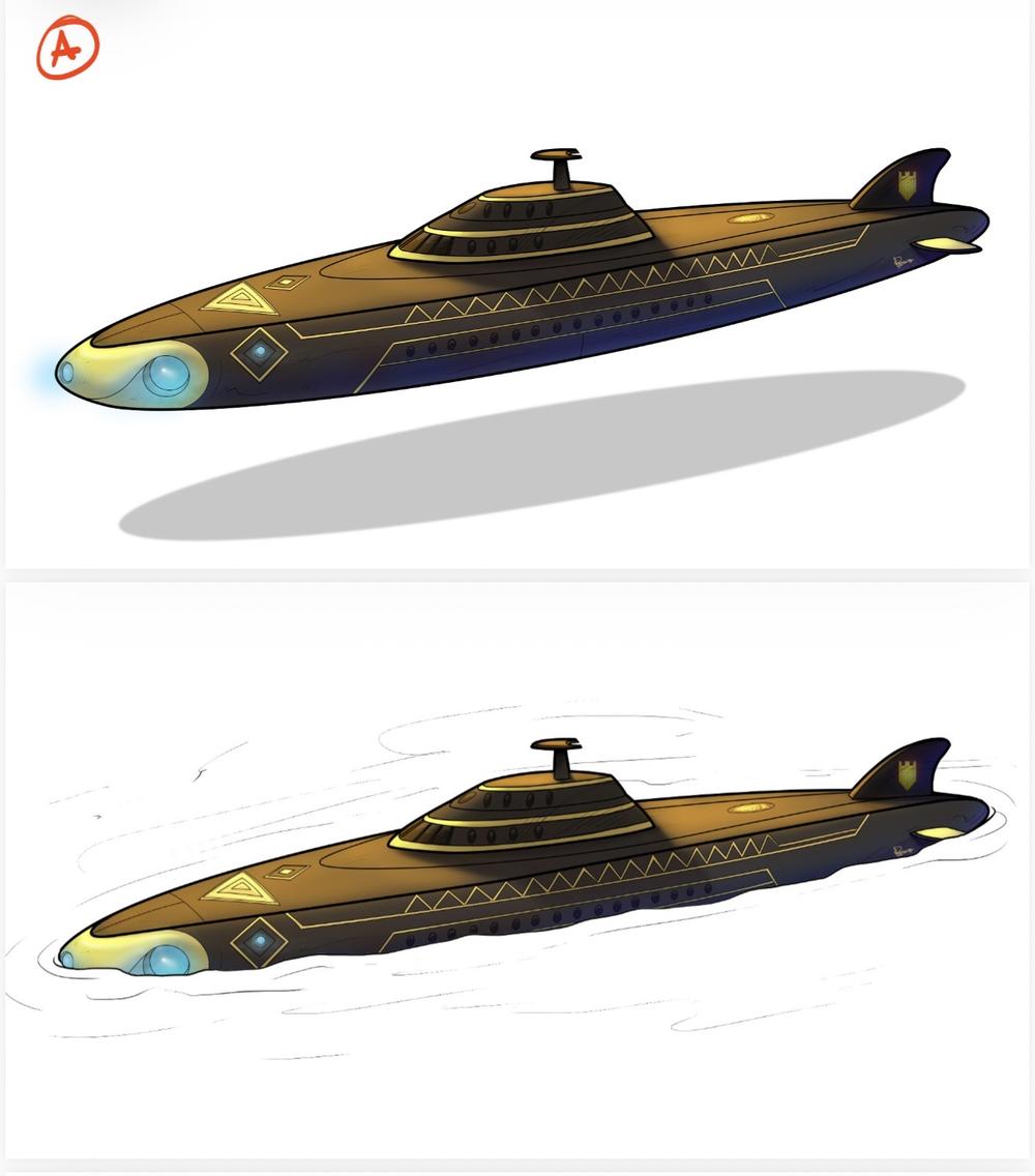 Nommo, the royal vessel, surfaced and submerged