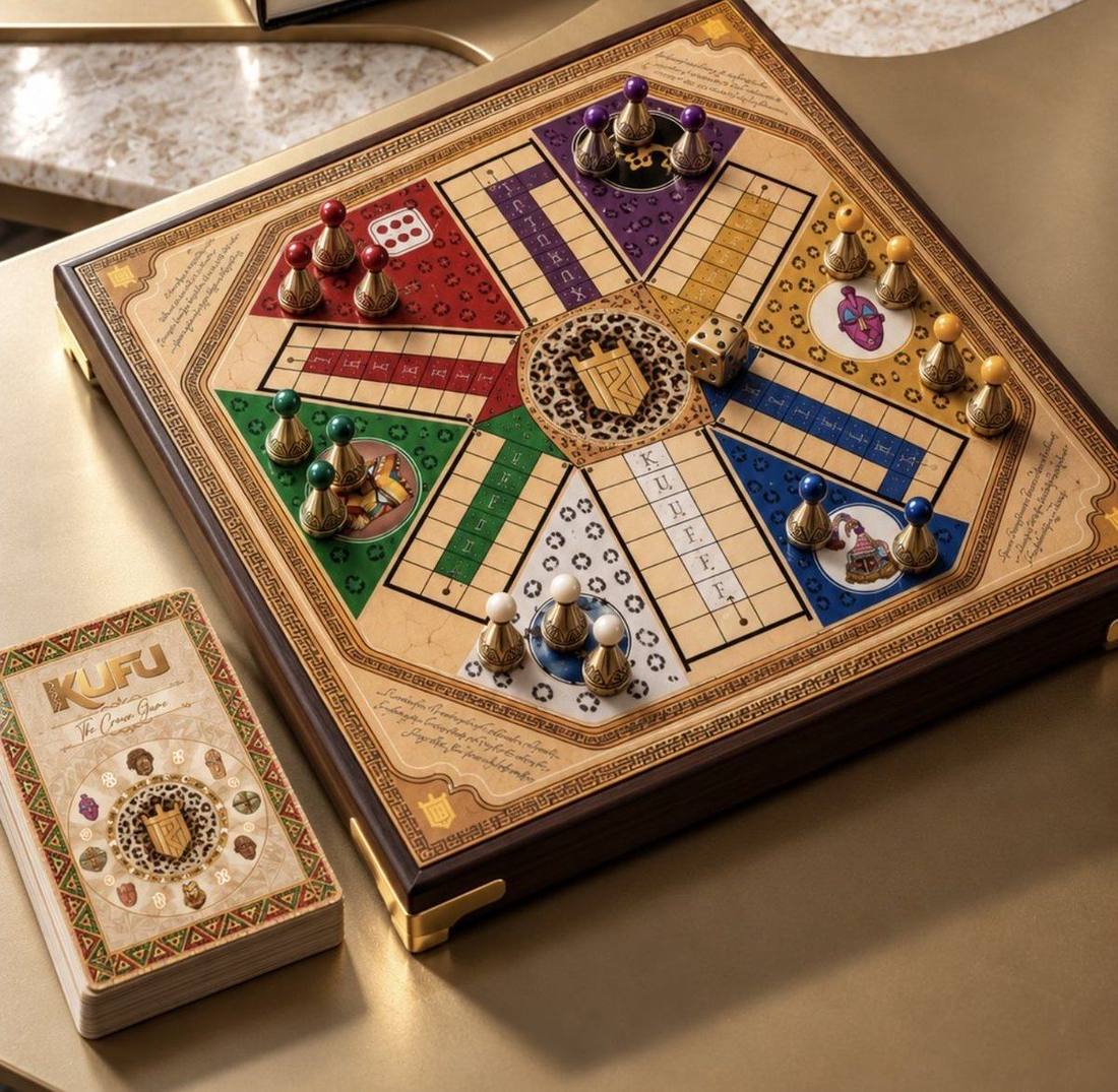 Kuludo board game in a dark wood frame with gold corners, six colored royal houses, gold pawns and a leopard crest at the center, beside a KUFU card deck