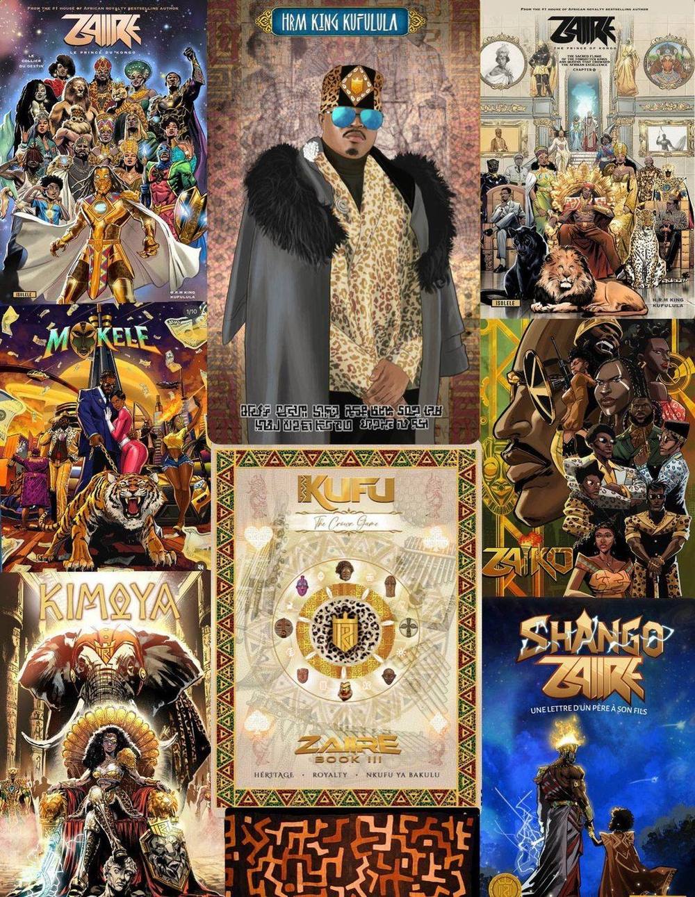 HRM King Kufulula surrounded by the ISOLELE books: Zaiire Le Prince du Kongo, Zaiire Chapter II, Mokele, Zaiko, Kimoya, KUFU The Crown Game and Shango Zaiire