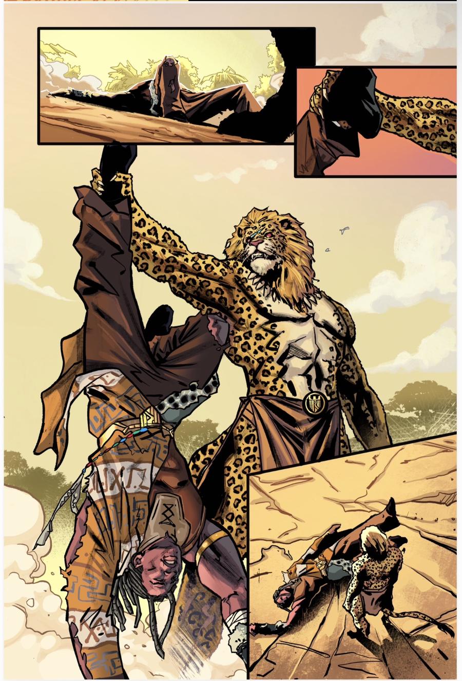Une planche de combat d’une BD ISOLELE, un guerrier lion en peau de léopard