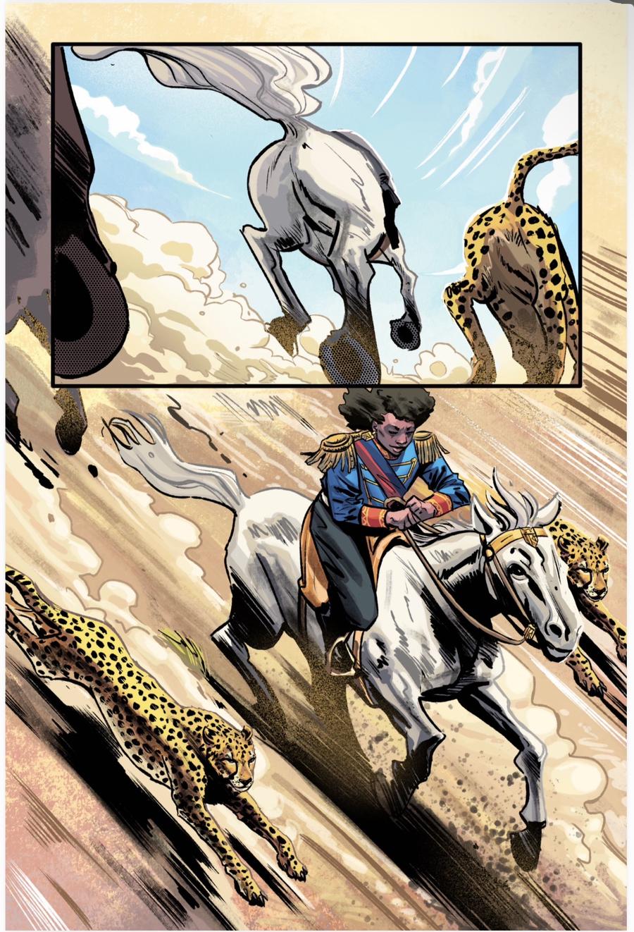 Une jeune cavalière qui court avec des guépards, une planche de BD ISOLELE