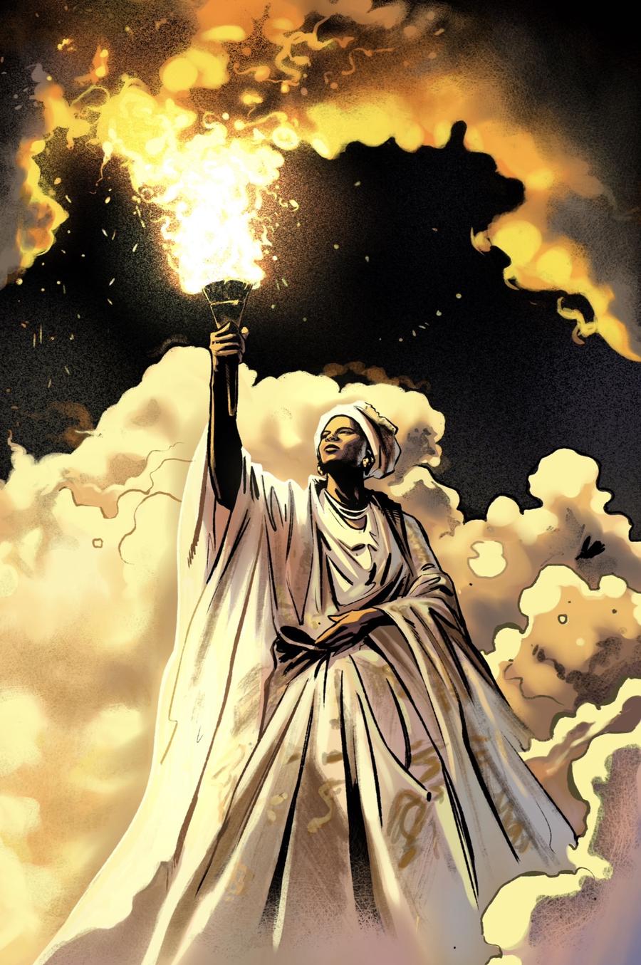 Une reine en blanc qui lève une flamme vers le ciel, illustration de l’univers ISOLELE