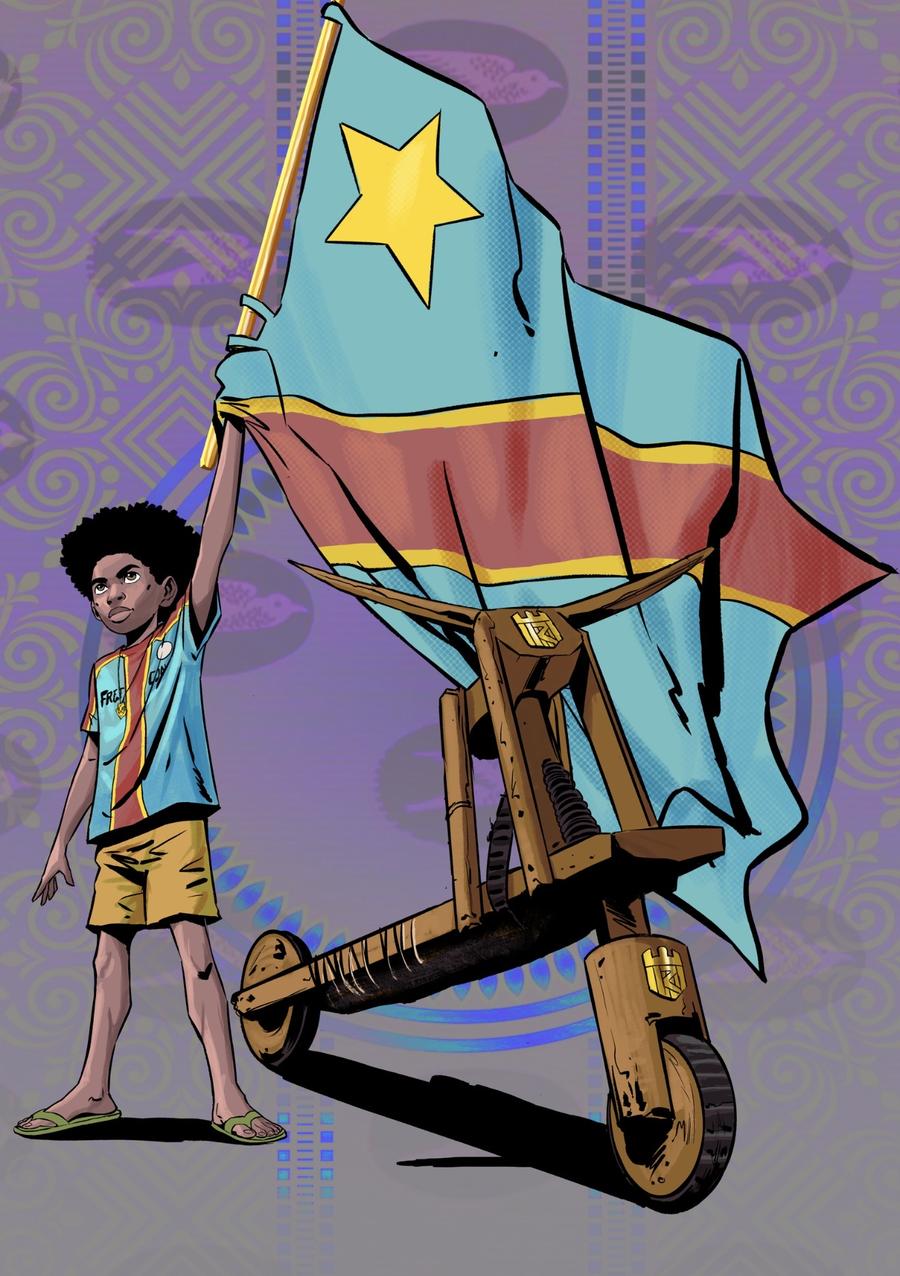 A Congolese boy with the flag of the DR Congo and a wooden chukudu marked with the ISOLELE crest