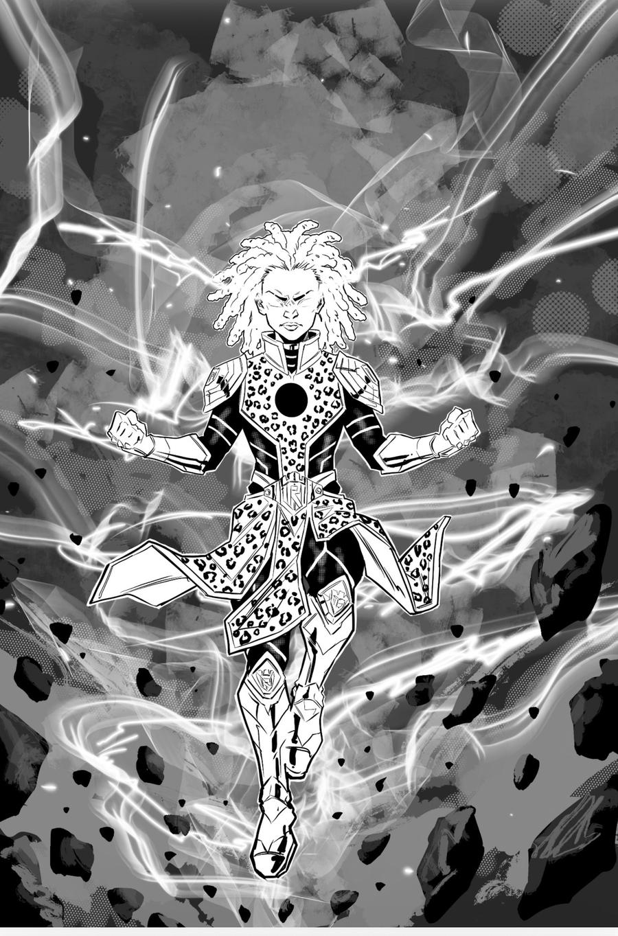 Un héros qui s’élève dans une tempête d’énergie, illustration de manga congolais en noir et blanc