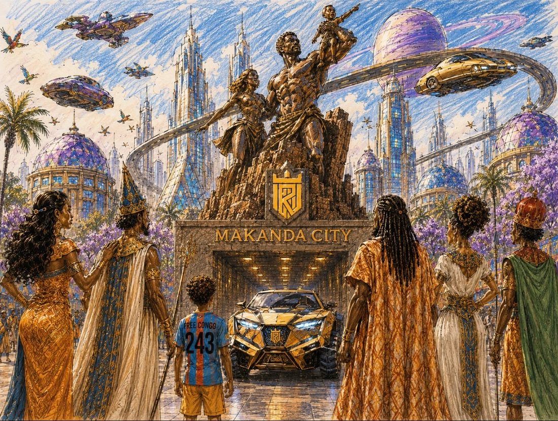 Makanda City: the gate with the monument of a father lifting his child, the ISOLELE crest, a golden car and a child in a FREE CONGO 243 jersey, under purple domes and flying ships