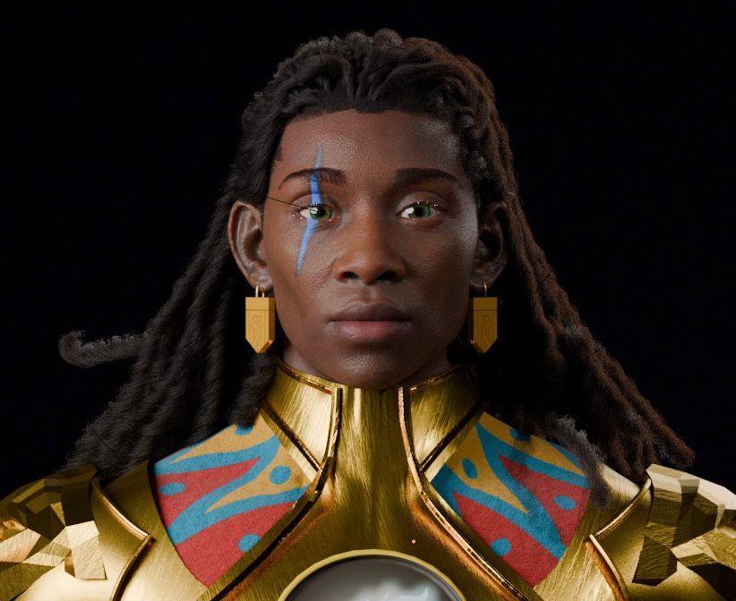 Zaiire’s face in 3D, with locs, a blue mark across the eye and gold earrings