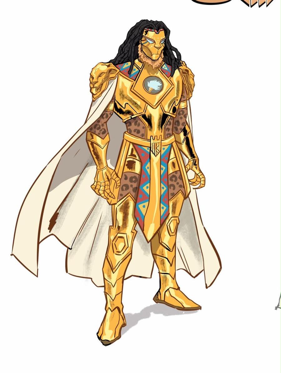 Zaiire, the Prince of Kongo, golden armor character design, full figure