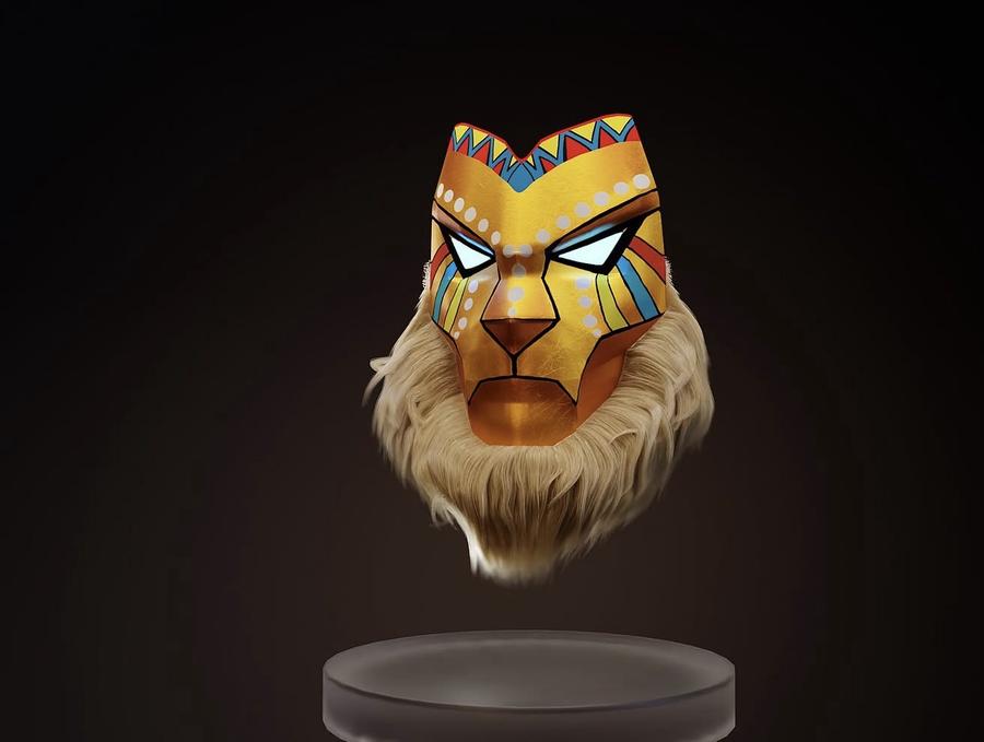 Zaiire’s golden lion mask in 3D, with a fur mane and colored patterns