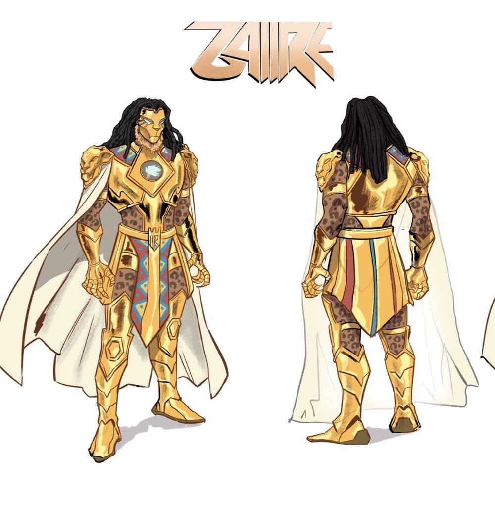 Zaiire in golden lion armor with leopard pattern and white cape, front and back character design