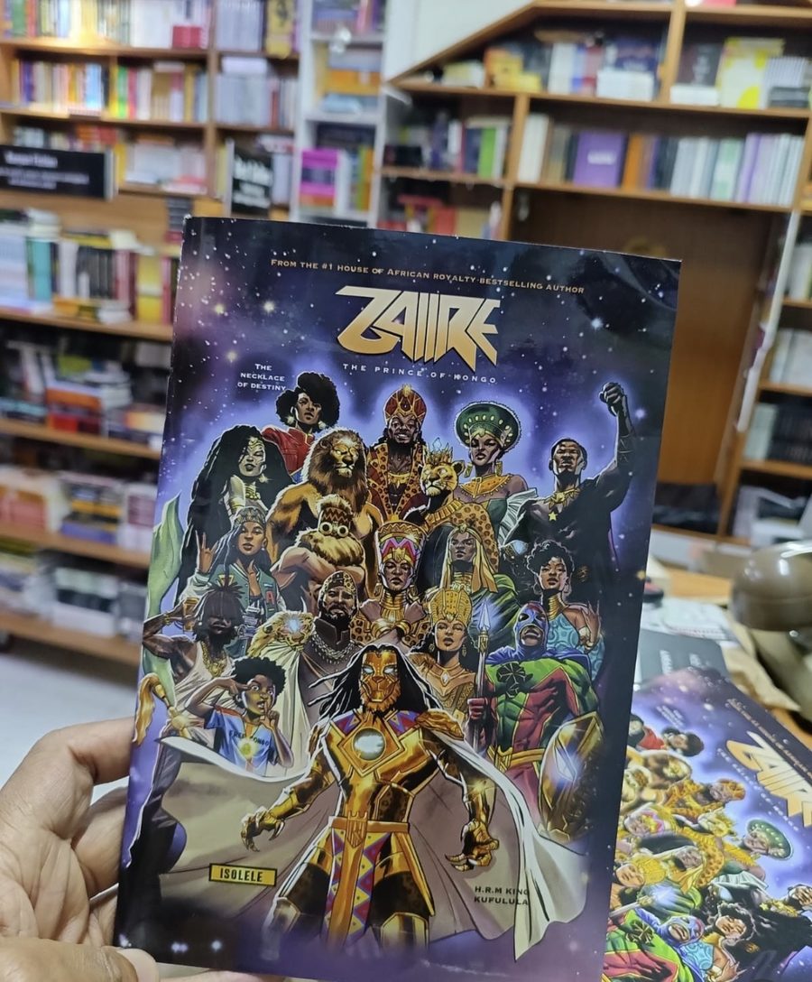 Zaiire: The Prince of Kongo and The Necklace of Destiny, the Congolese comic book by ISOLELE, held up in a bookstore